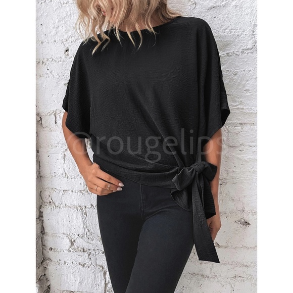 Side Tie Black Blouse Top Flowy Batwing Sleeve Relaxed Fit - Picture 4 of 7